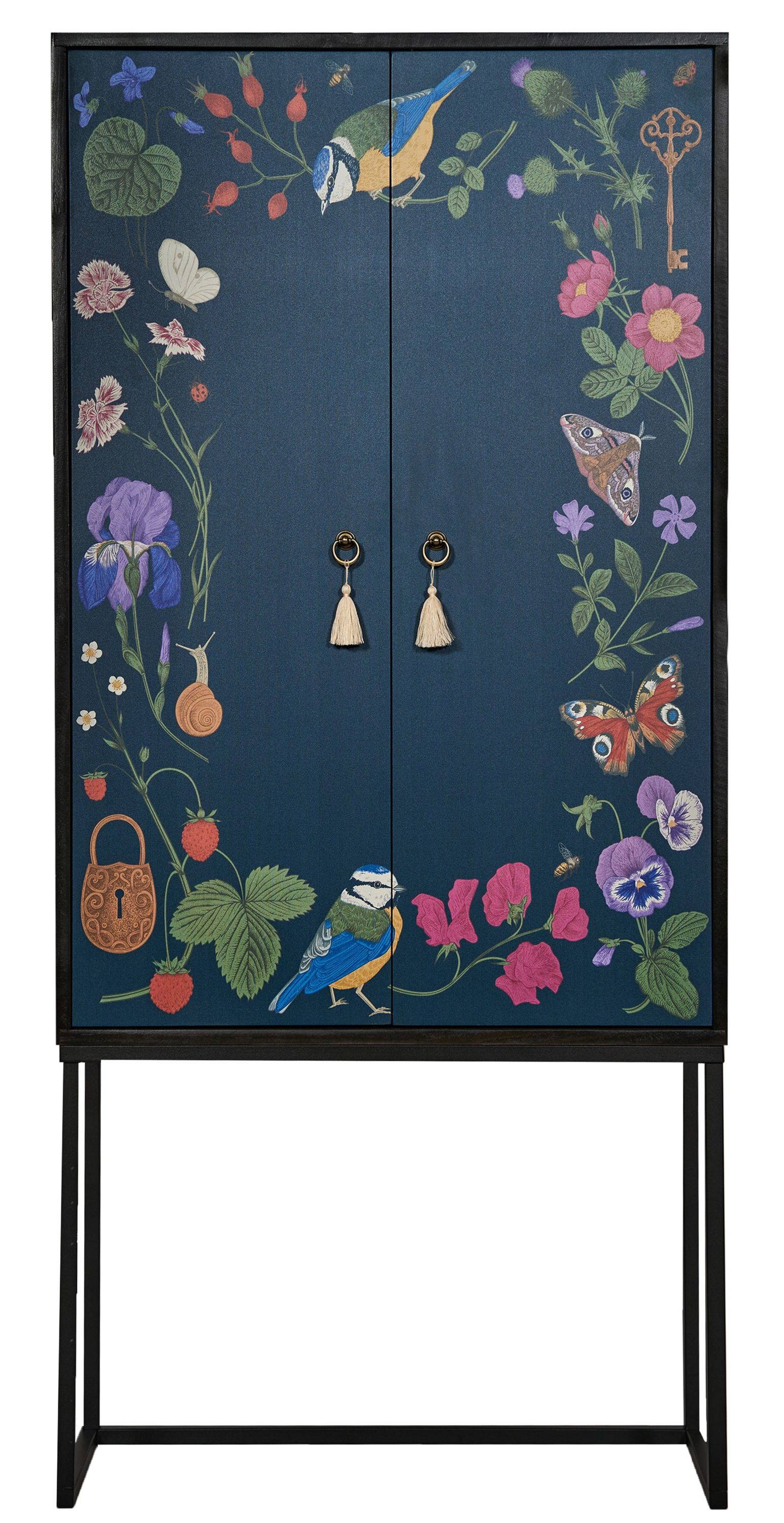 Kast dressoir met 2 deuren van MDF met groen en lila bloemenpatroon