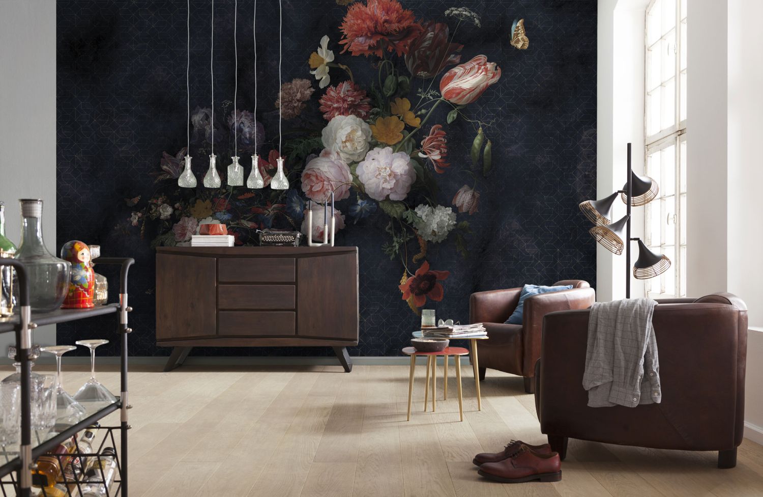 Komar fotobehang vintage bloemen multicolor op zwart – 350 x 250 cm –