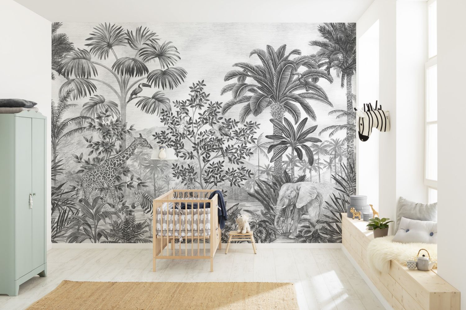 Komar fotobehang jungle met dieren zwart wit – 350 x 280 cm – 610858