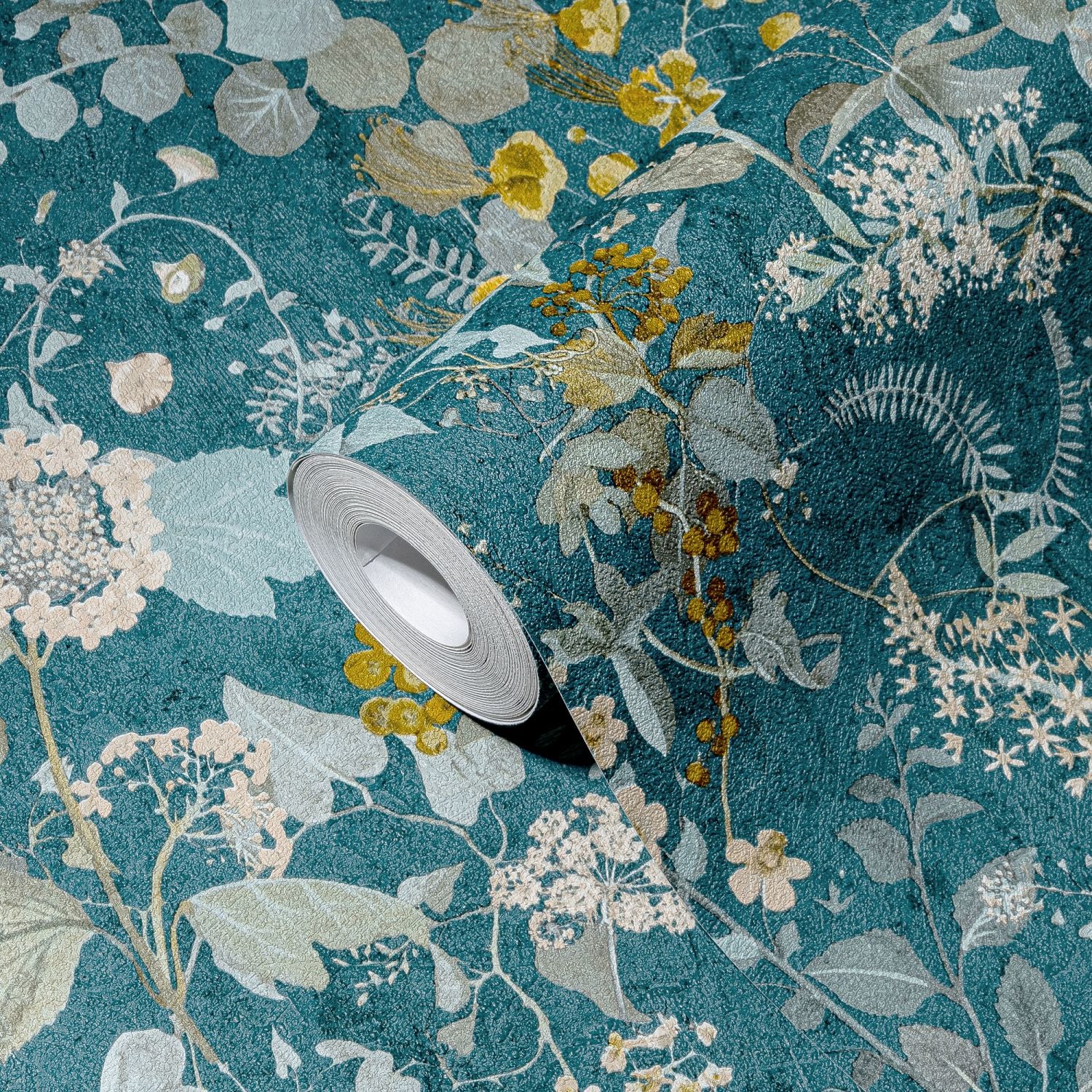 A.S. Création behang bloemen petrolblauw, blauw, geel en groen – 53 cm