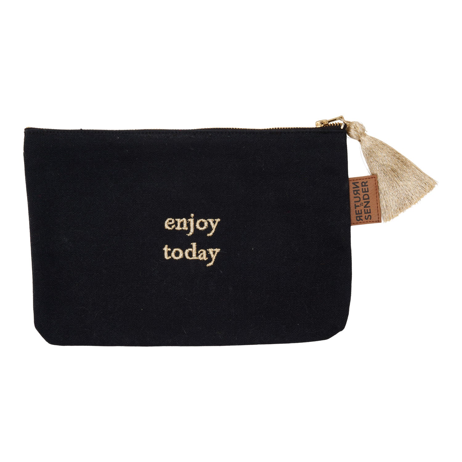 Return to Sender Etui met goud geborduurde letters "enjoy today"