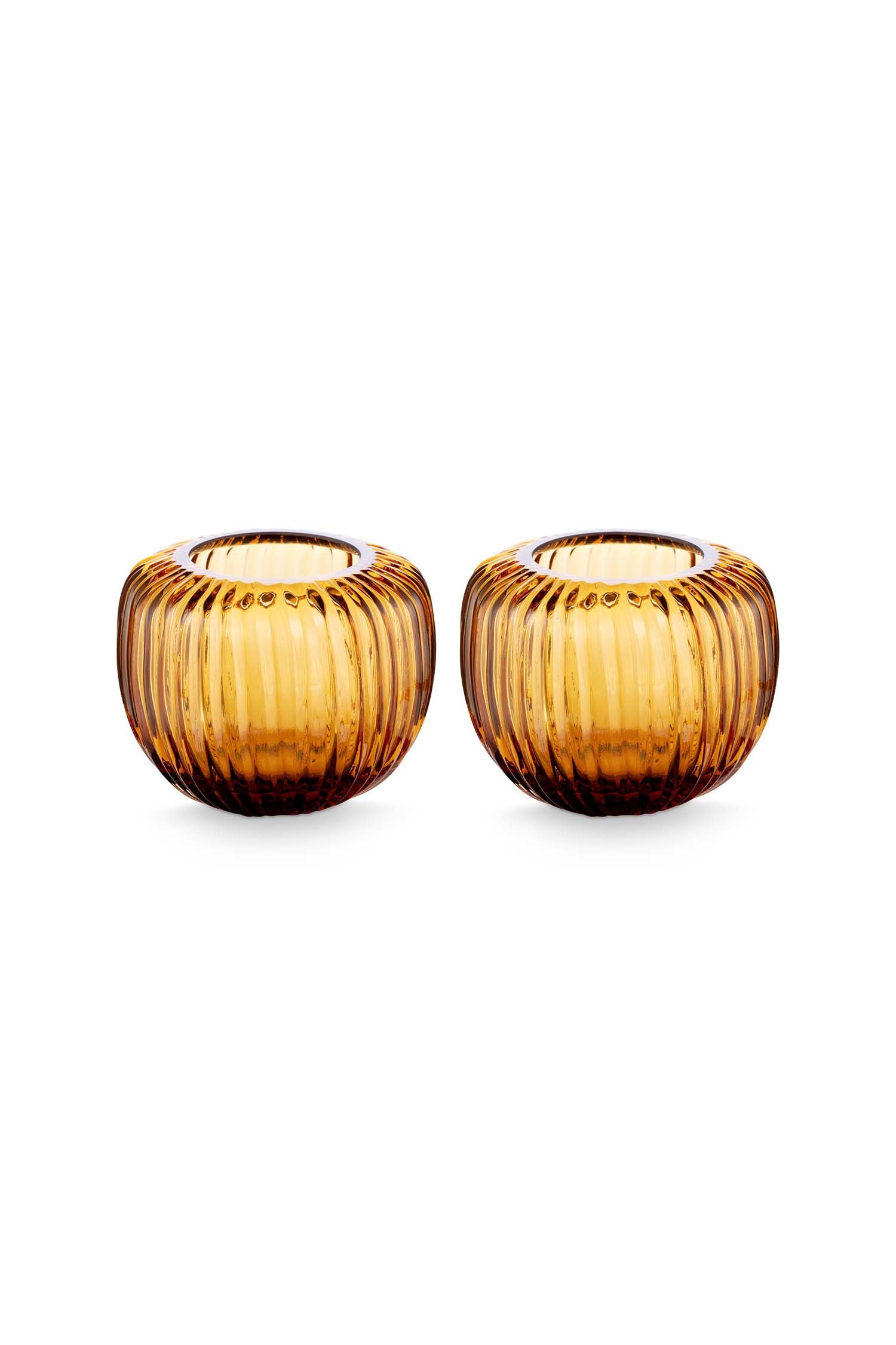 vtwonen Set/2 Waxinelichthouders – Glas Amberbruin – Theelichthouders